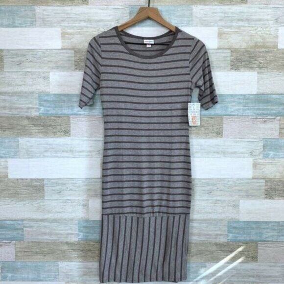 LuLaRoe Julia Midi T Shirt Dress Brown Striped Womens XS NWT - Picture 1 of 8